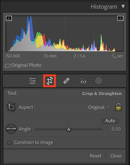 Screenshot of highlighted Crop Overlay icon in Lightroom Classic