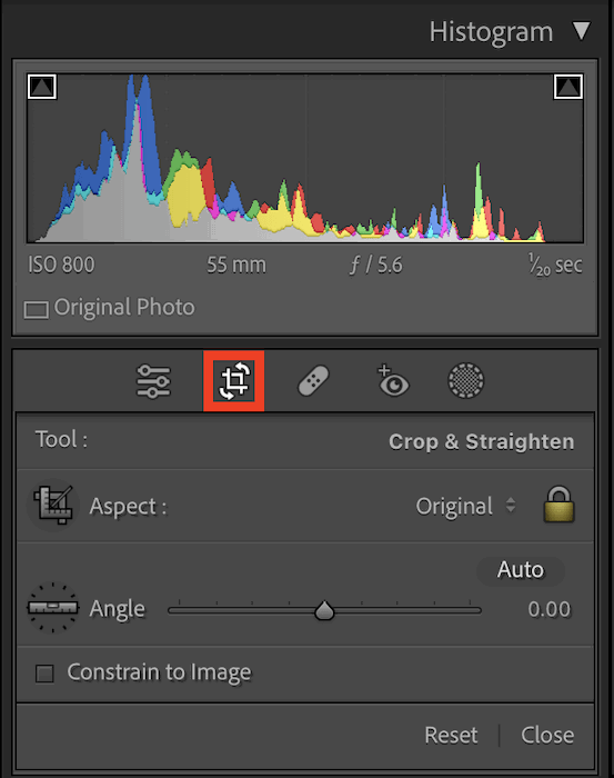 Screenshot of highlighted Crop Overlay icon in Lightroom Classic