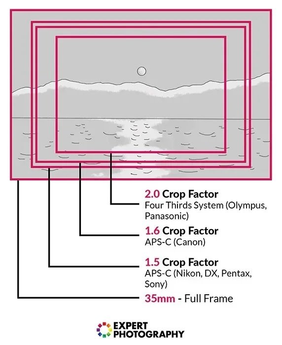 Ex Pho infographic illustrating the crop factor of different sensor sizes