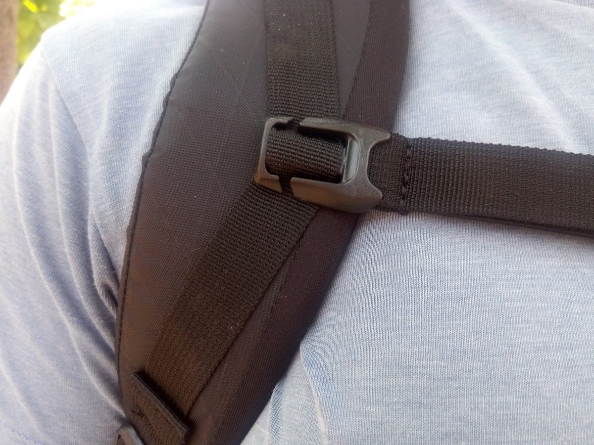 Close-up of chest strap buckle