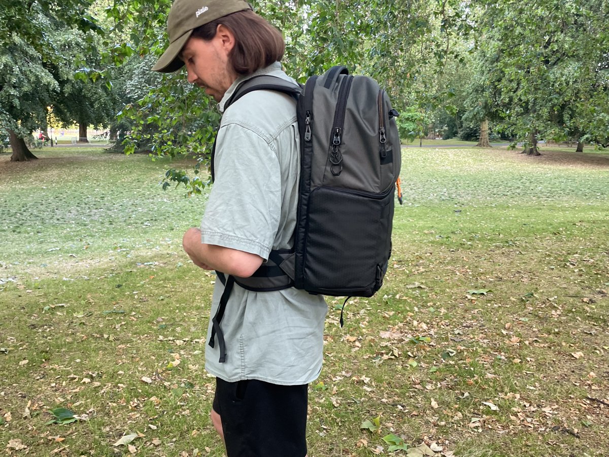 Lowepro Fastpack side view while being worn outside
