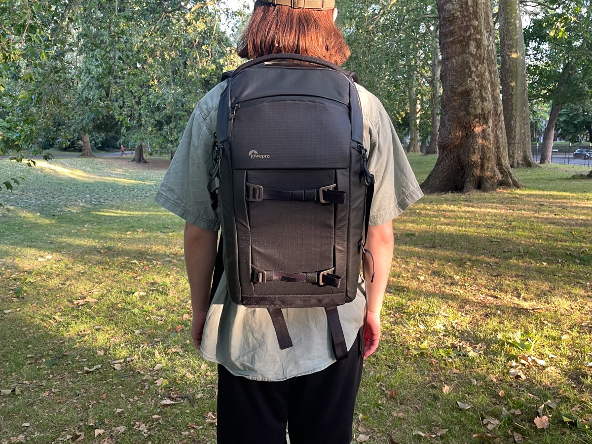 The Lowepro Freeline BP 350 AW camera backpack being worn outside