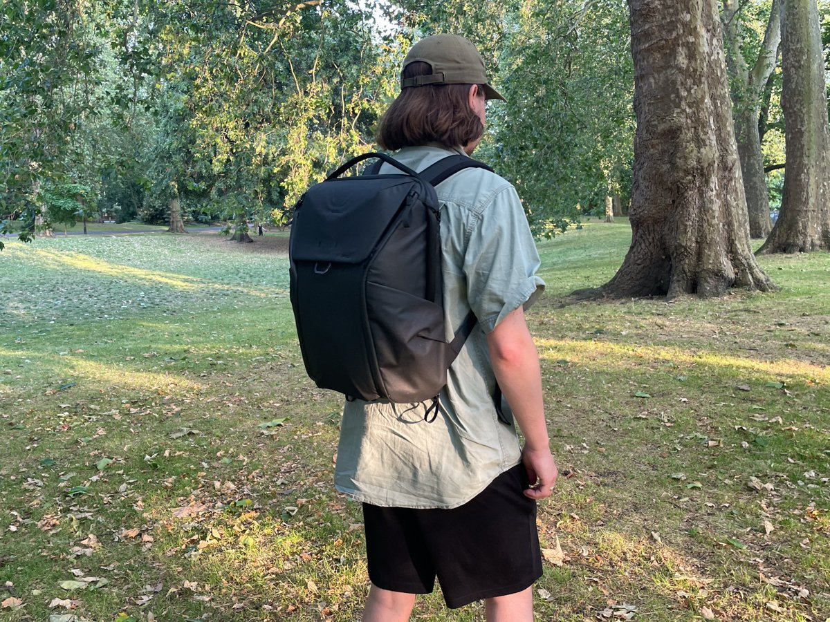 Back view of Peak Design Everyday Backpack V2 being work outside in a park