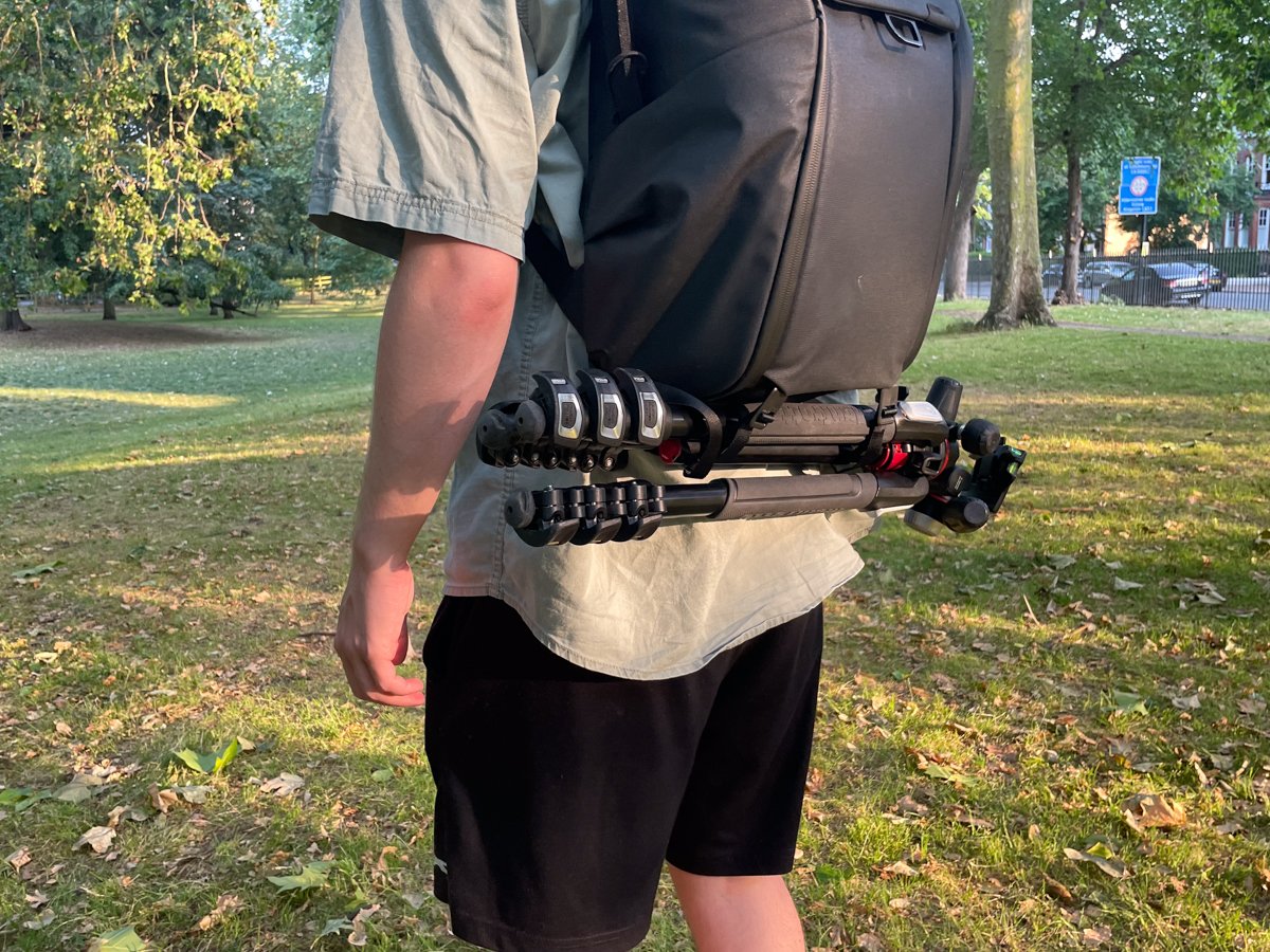 Detail of tripod strapped underneath the Peak Design Everyday Backpack V2