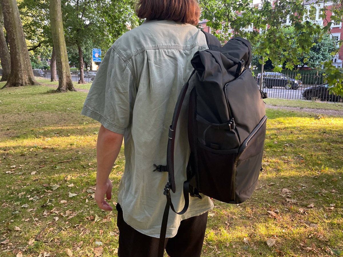 Tenba DNA bag being worn outside in park