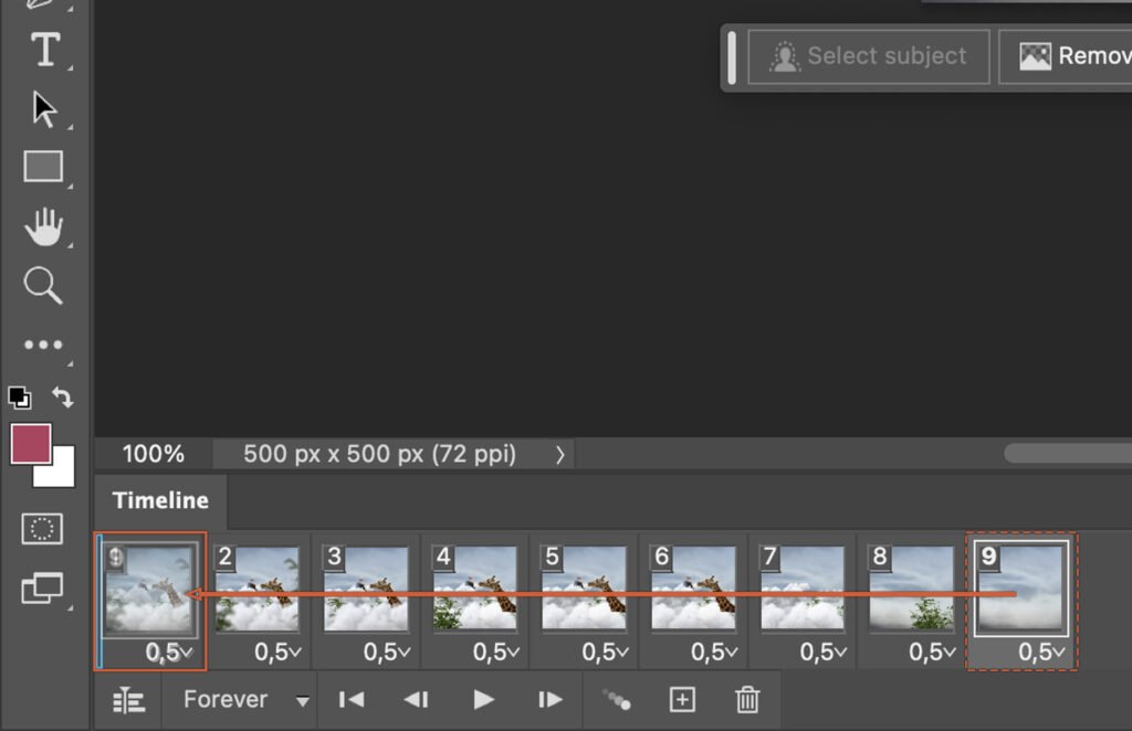 Previewing the timeline order in Photoshop to make a GIF