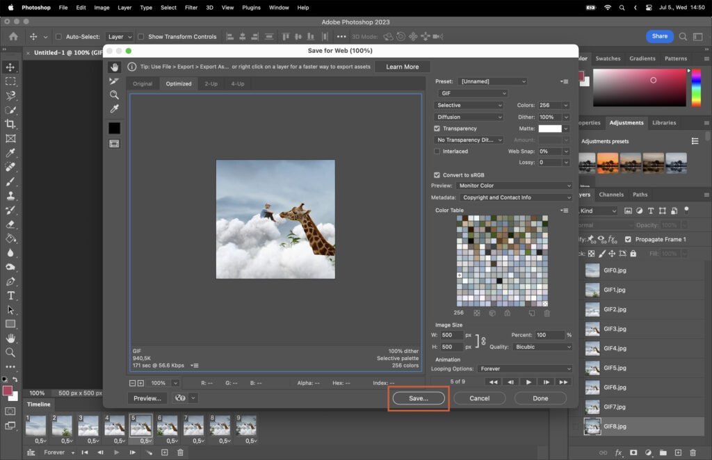Exporting the GIF animation in Photoshop