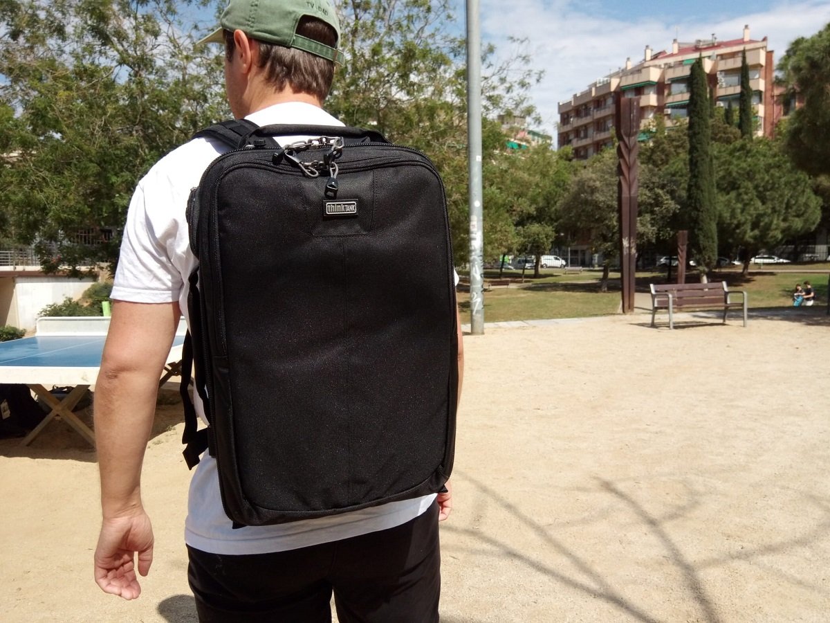 Backpack being worn on shoulders