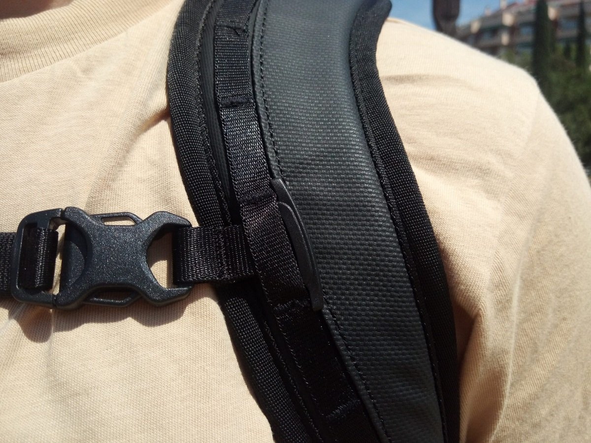 Close up of chest strap fastener