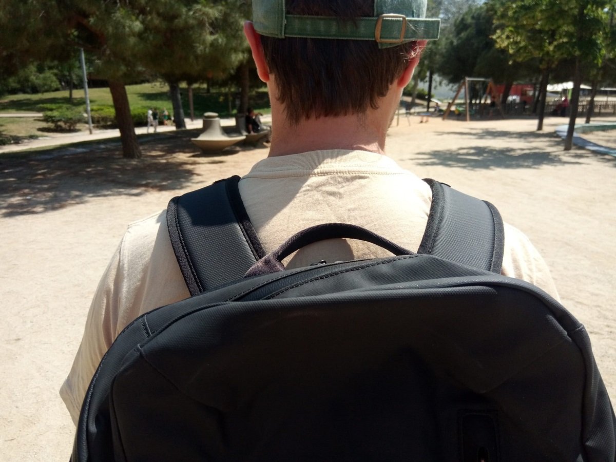 Backpack being worn over the shoulders