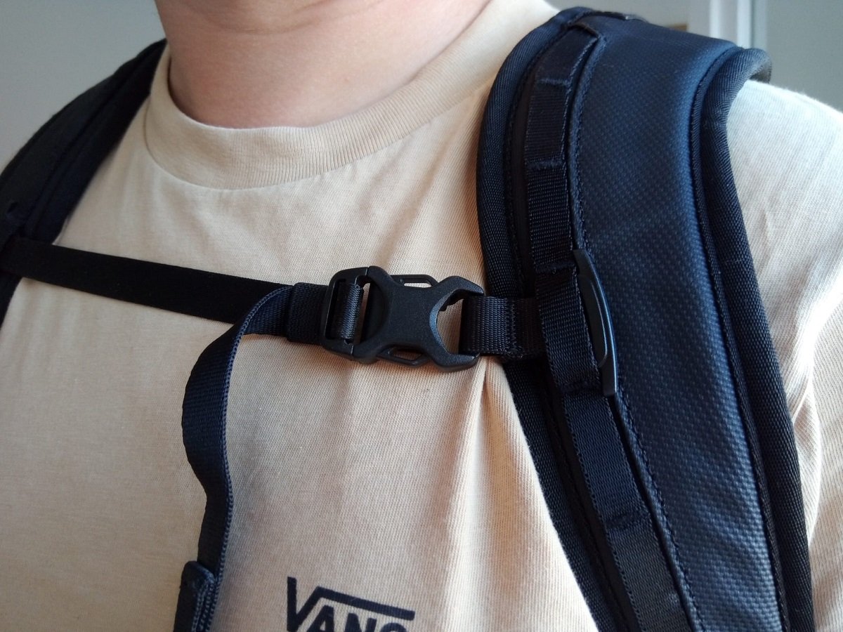 Close up of shoulder strap on shoulder