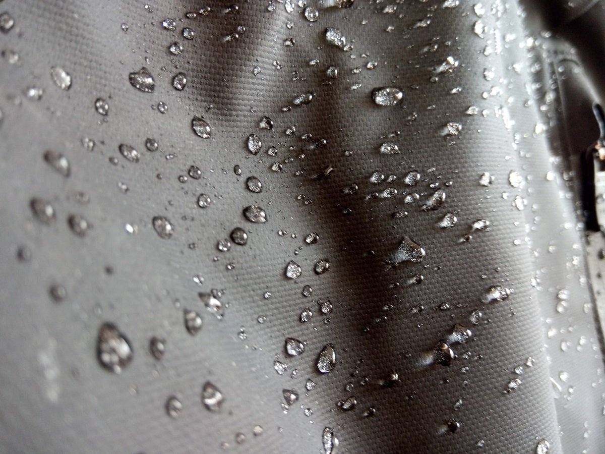 Close up of water on backpack