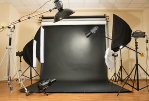 A photo studio with various photography lighting kits