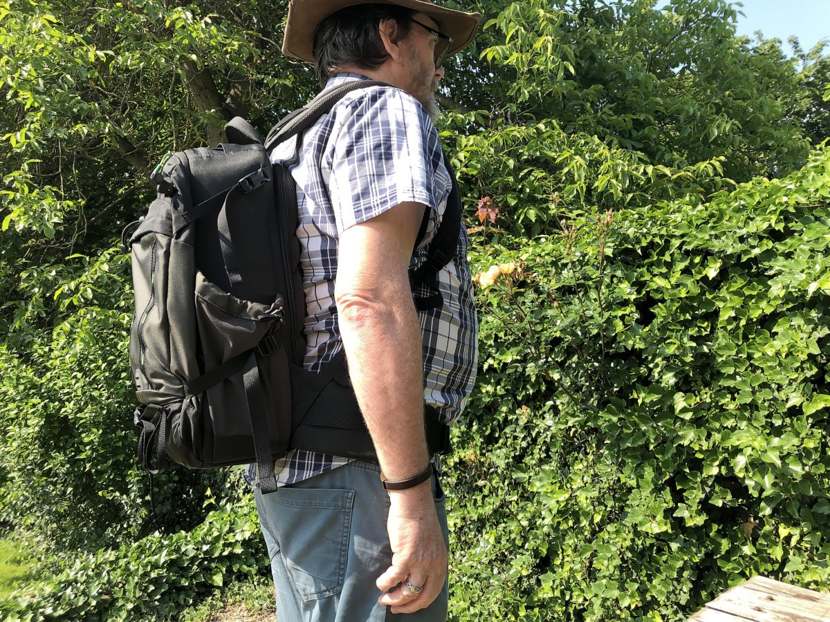 Picture of the Think Tank MindShift Backlight 18L backpack being worn