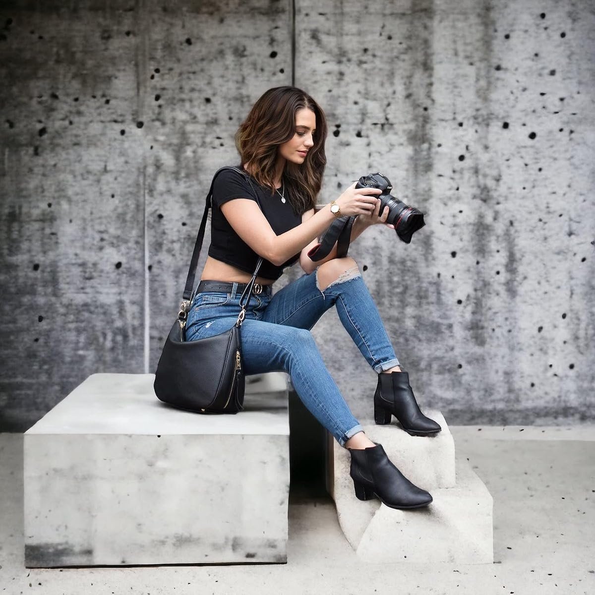 Photographer sitting and looking at a camera with a camera bag for women over her shoulder