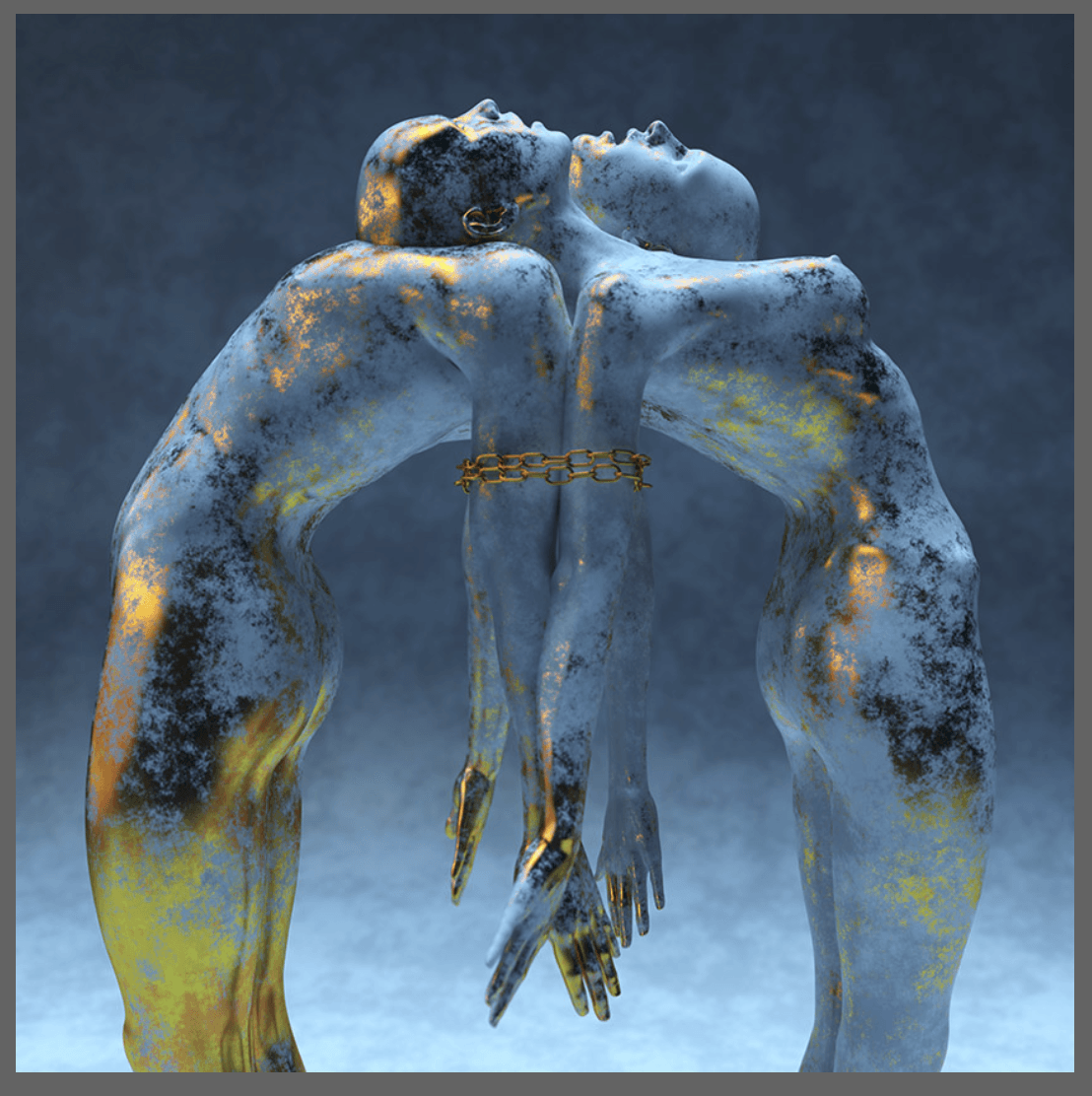 Abstract sculptural portrait of two figures falling back against each other