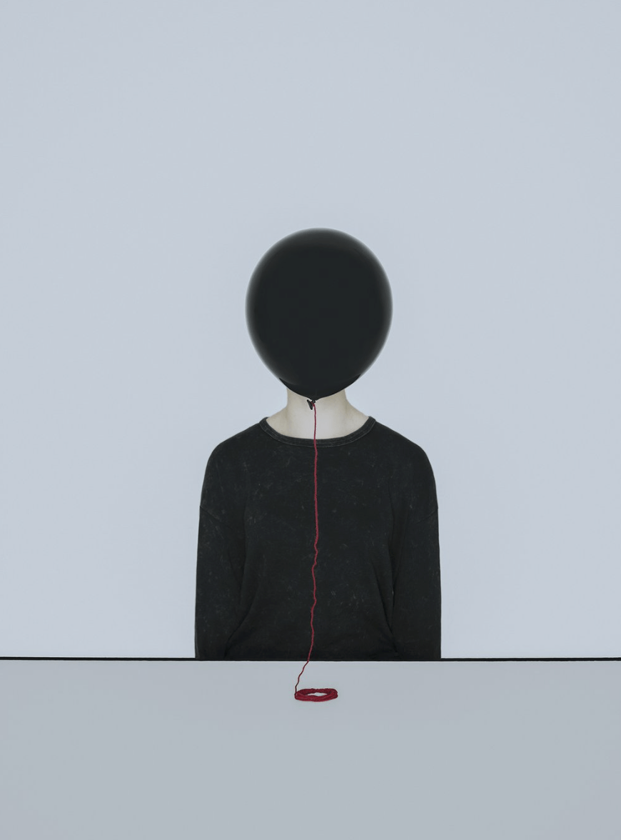 A faceless person with a balloon in front of their face