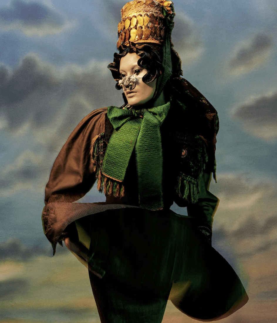 A surreal portrait of a person wearing a crown, nose-piece, and clothes based on traditional German garb