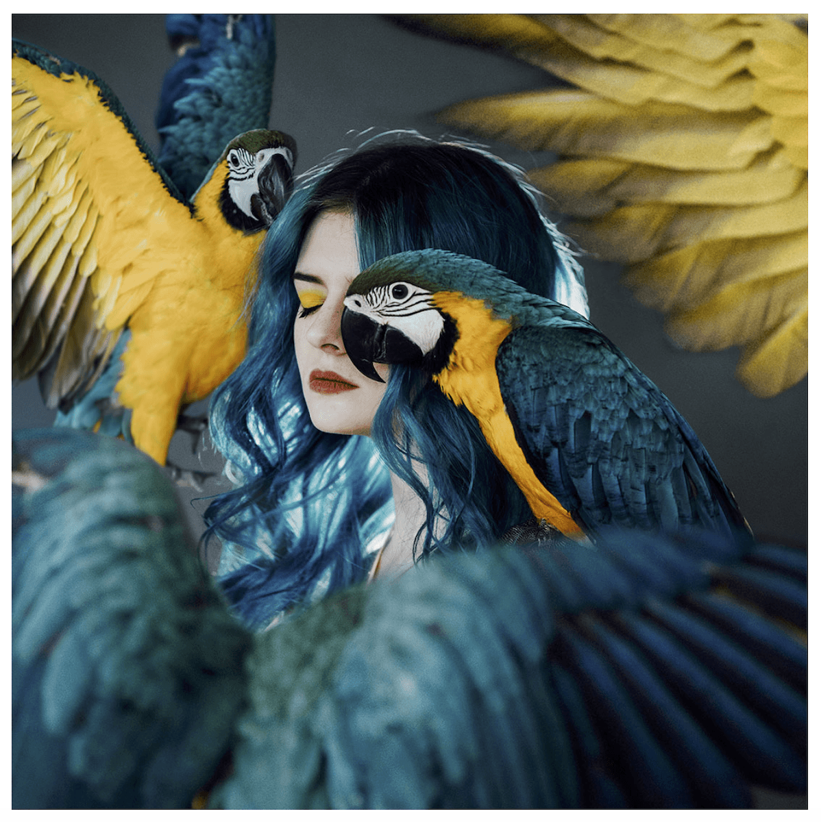 Colorful woman's portrait with a parrot