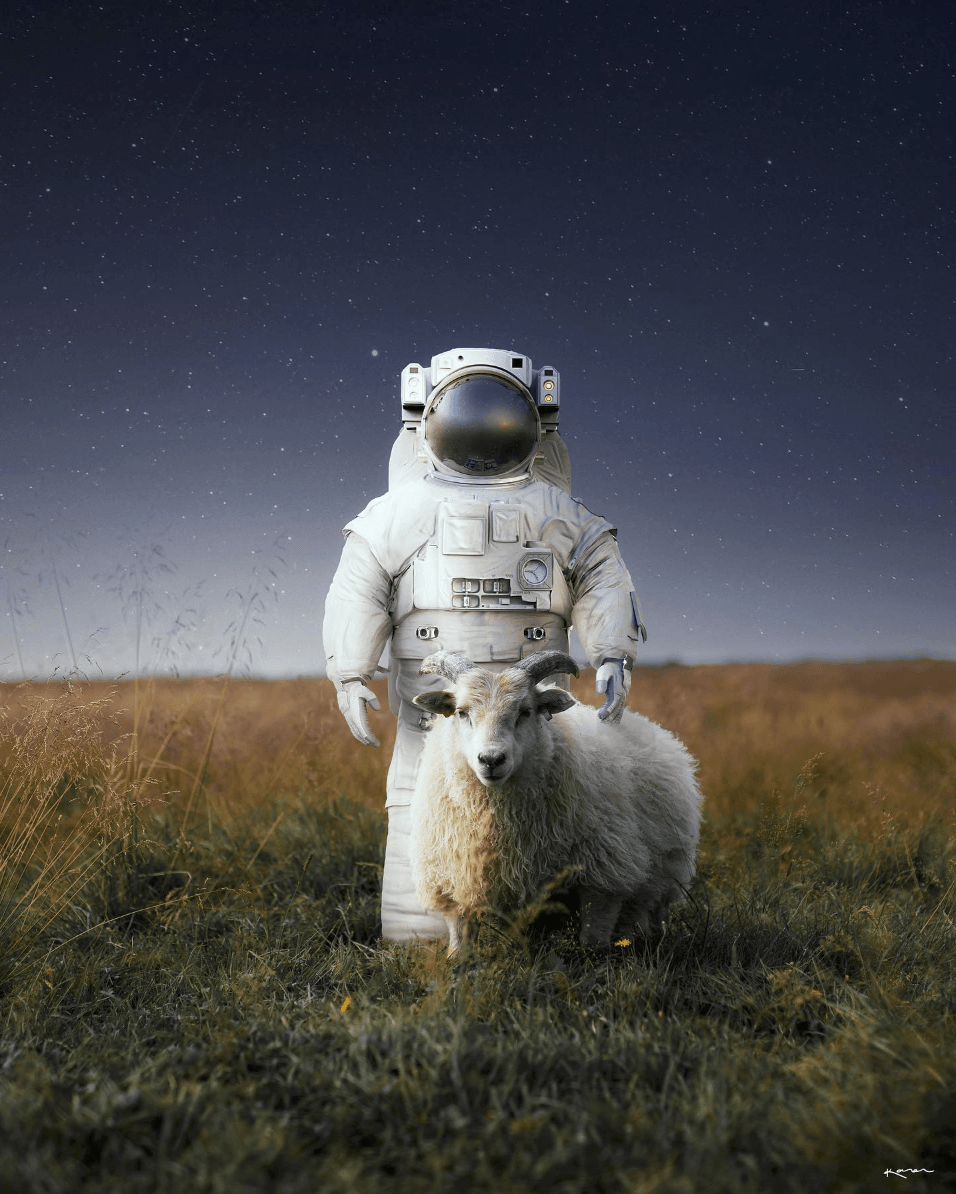 An astronaut posed with a sheep