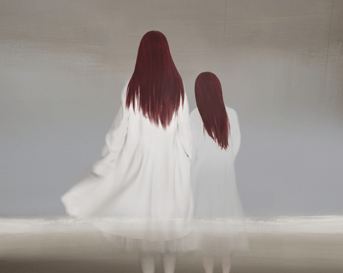 The back of two figures with long hair and in white flowing robes