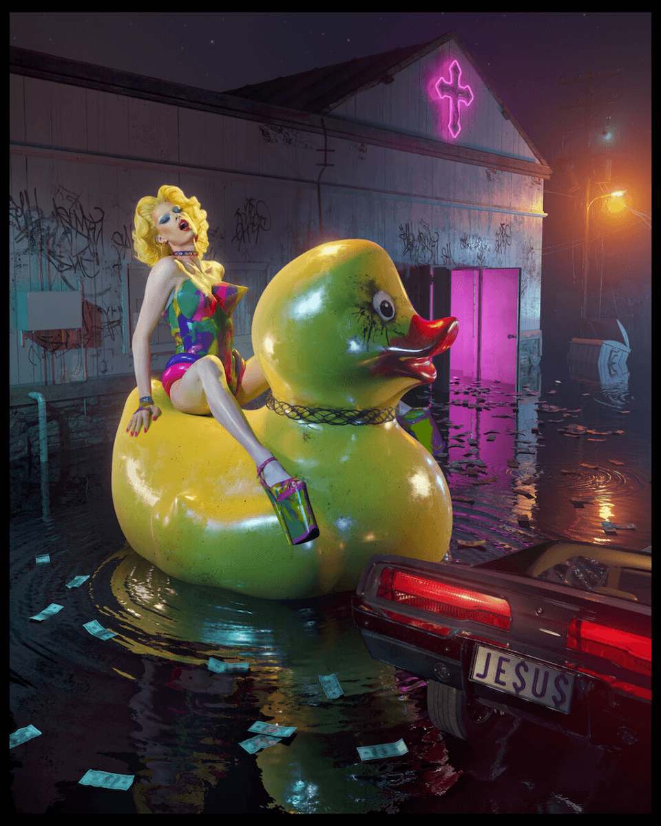 A woman sitting on the back of a giant rubber ducky