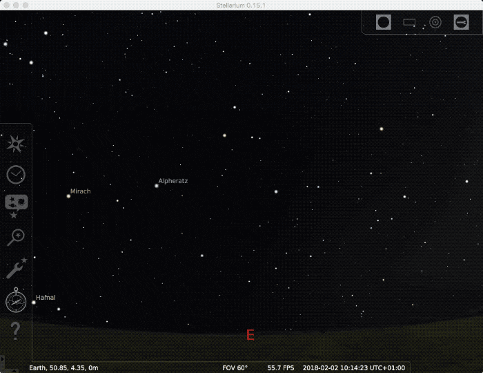 An astronomy software application, displaying a night sky scene with various constellations and stars highlighted. 