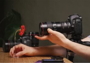 Person taking picture of a flower with a camera, two extension tubes, and a lens.
