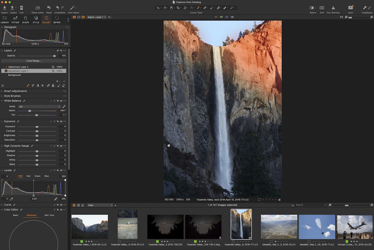 Screenshot of Capture One interface with brushes in use on an image of a waterfall