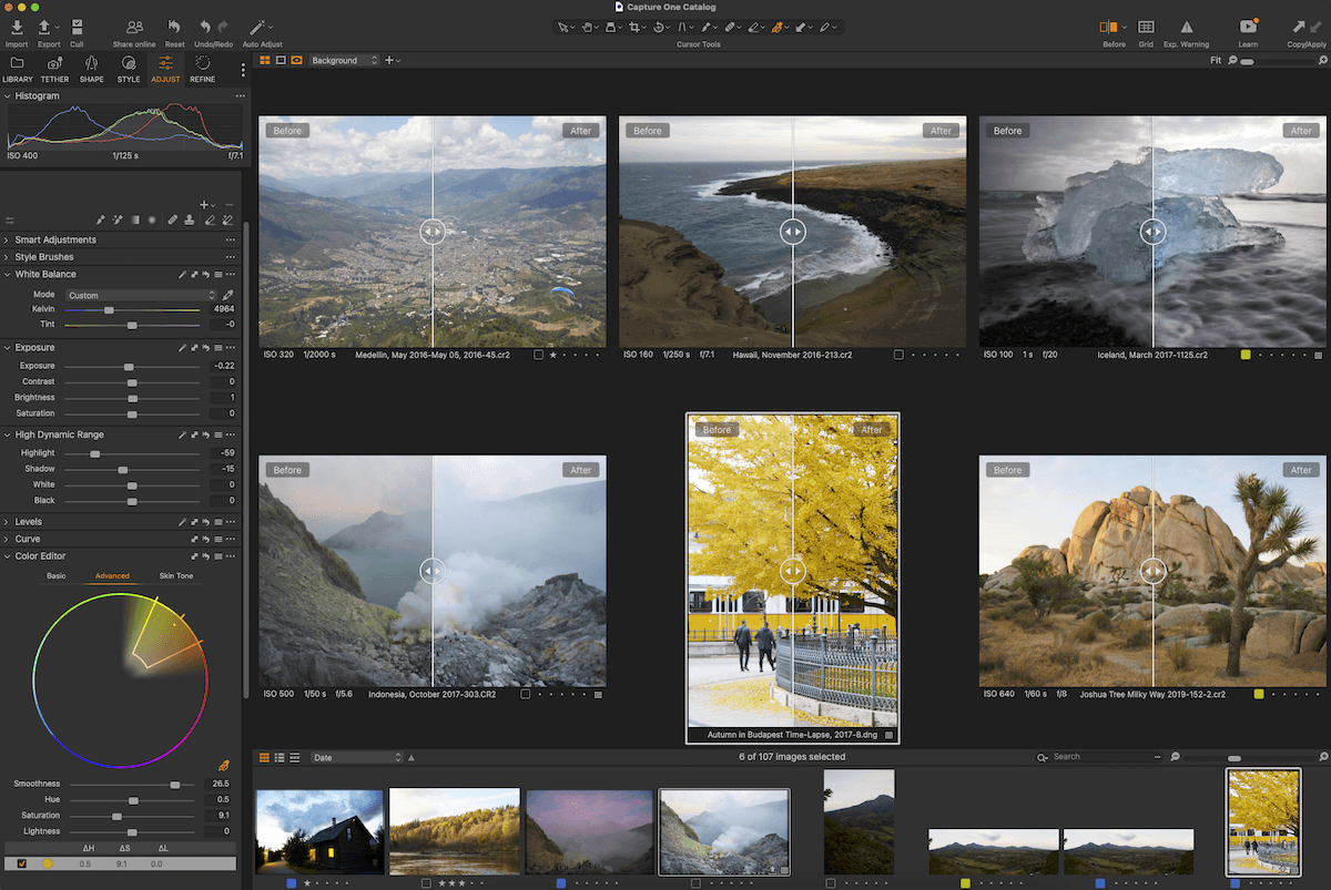 Screenshot of Capture One Pro interface with multiple images in Before/After view