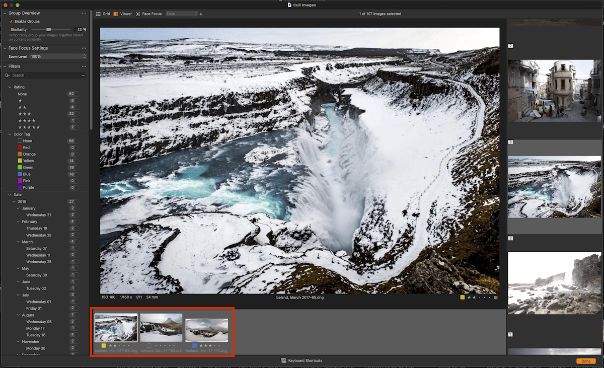 Screenshot of a snowy, rocky valley landscape in Capture One's Group Overview