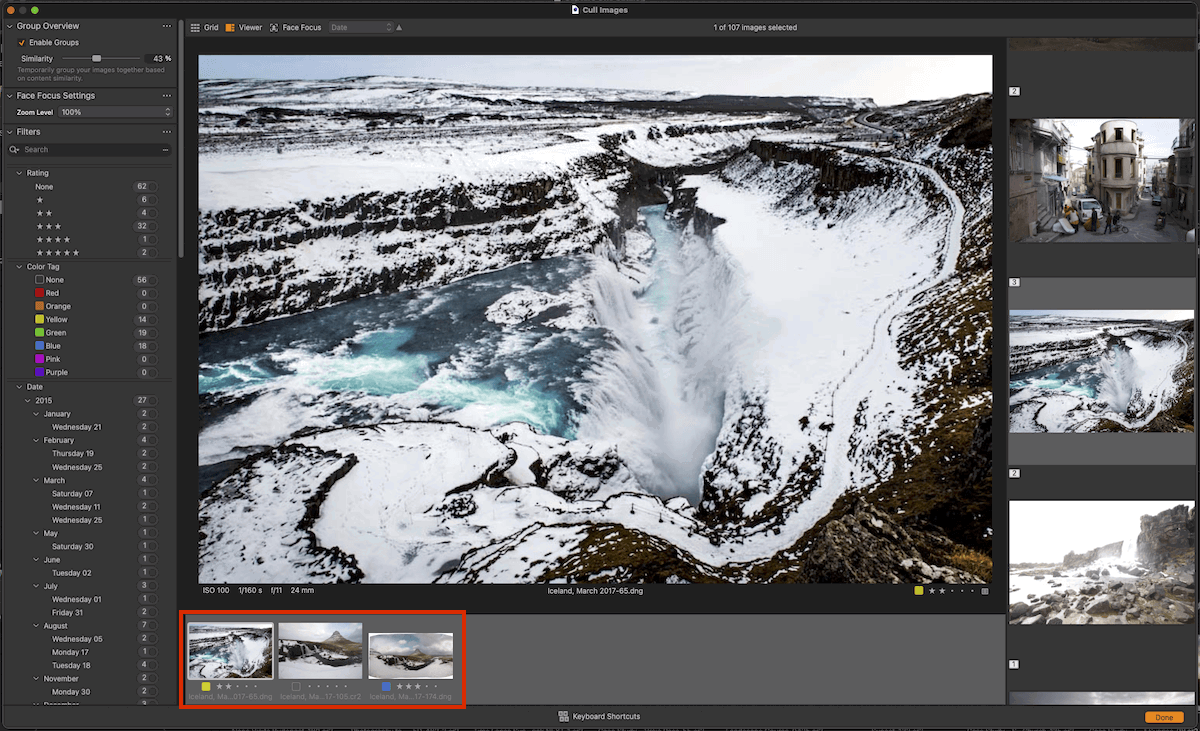 Screenshot of a snowy, rocky valley landscape in Capture One's Group Overview