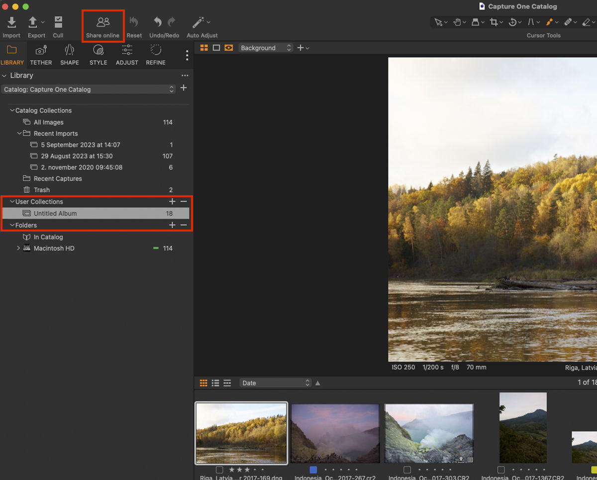 Screenshot of Capture One interface opening an album