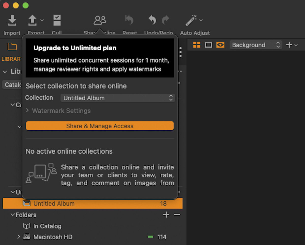 Screenshot of Capture One sharing an album online