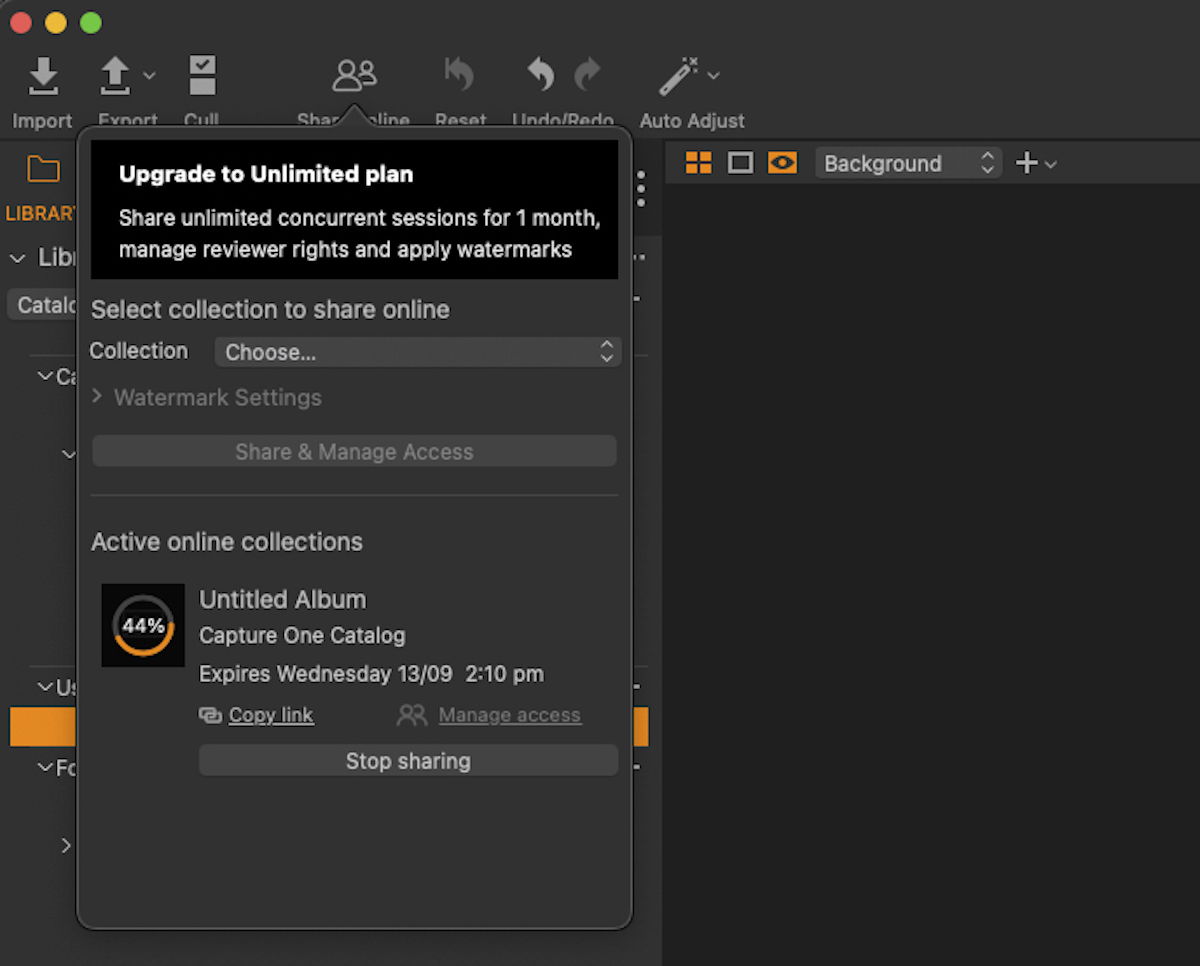 Screenshot of Capture One managing album access