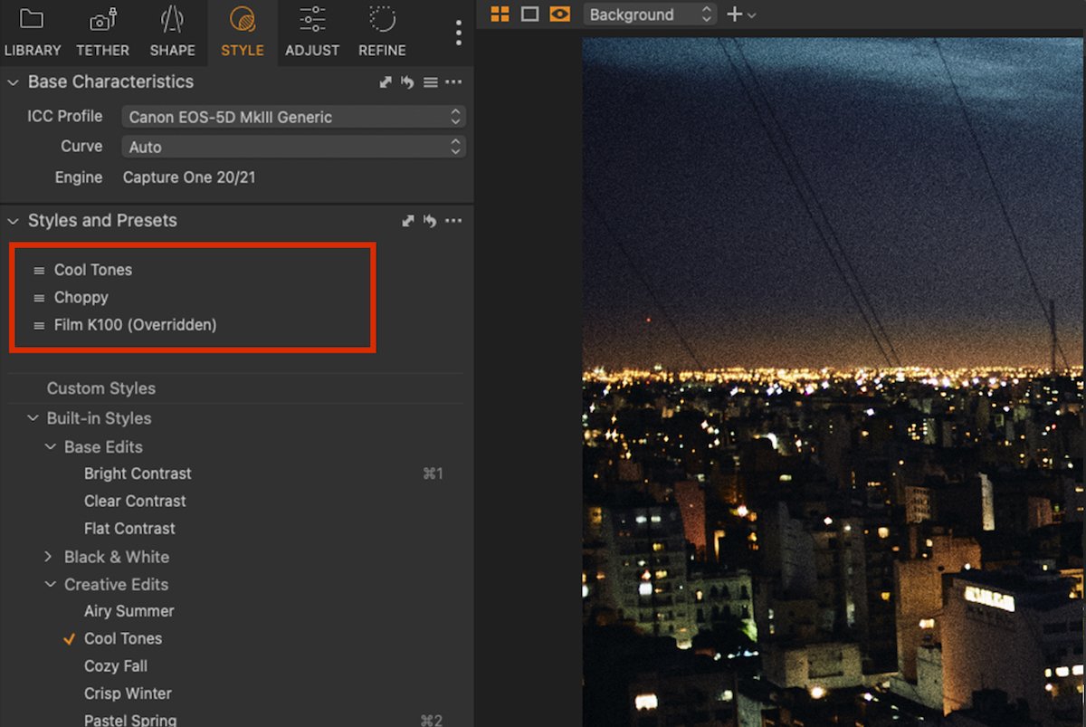 Screenshot of highlighted layer styles in Capture One software