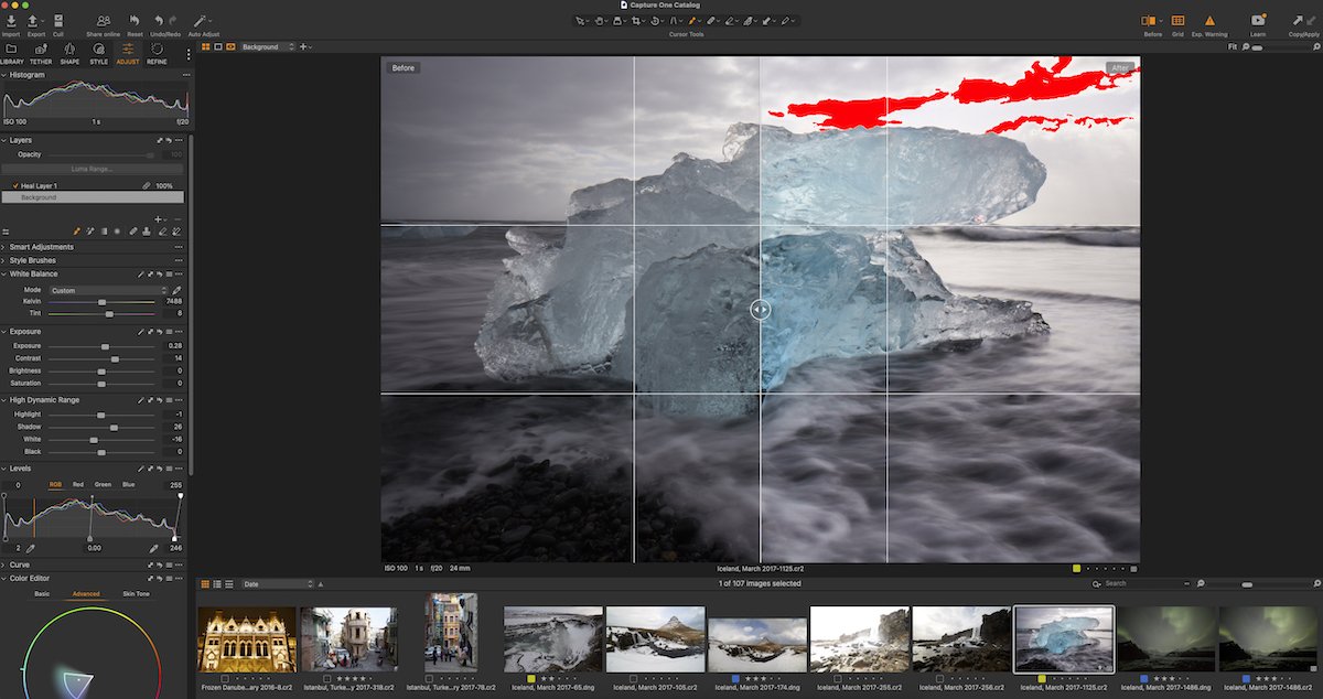 Screenshot of Capture One interface with three combined viewing options of ice floe image