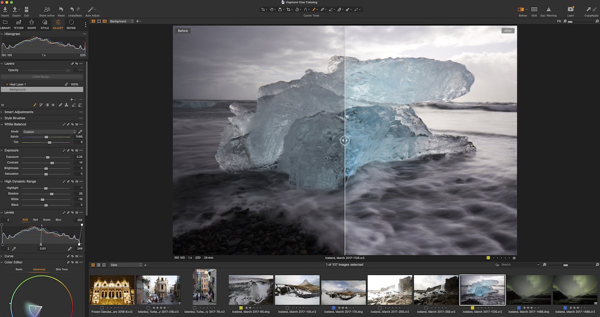 Screenshot of Capture One interface with Before/After view of ice floe image