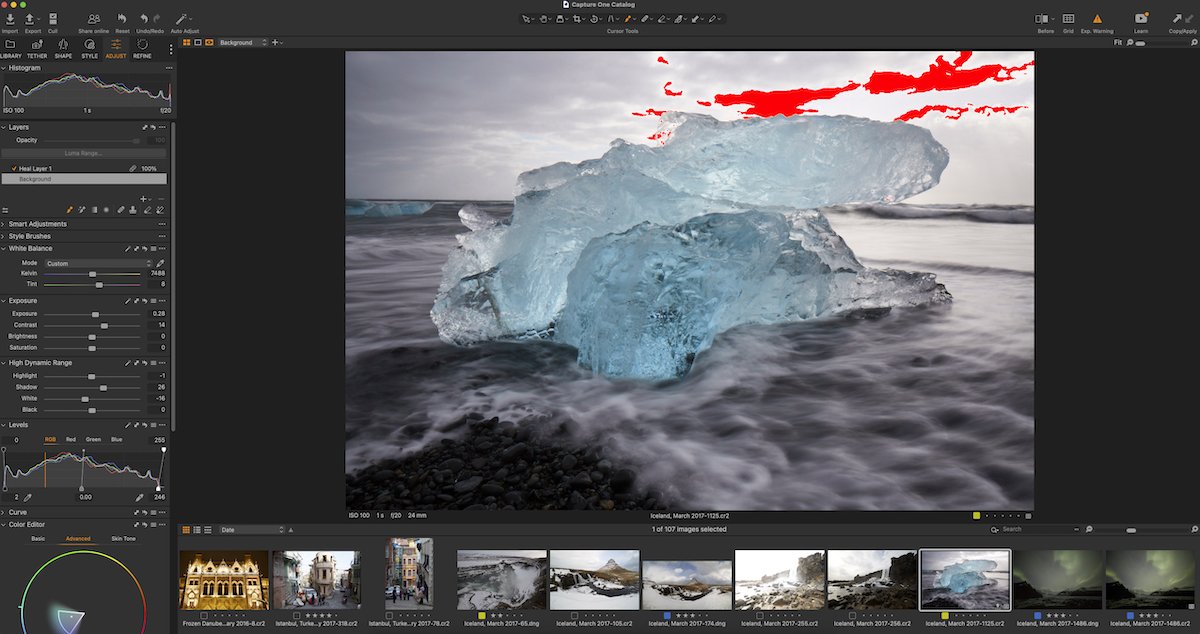 Screenshot of Capture One interface with Exposure Warning view of ice floe image