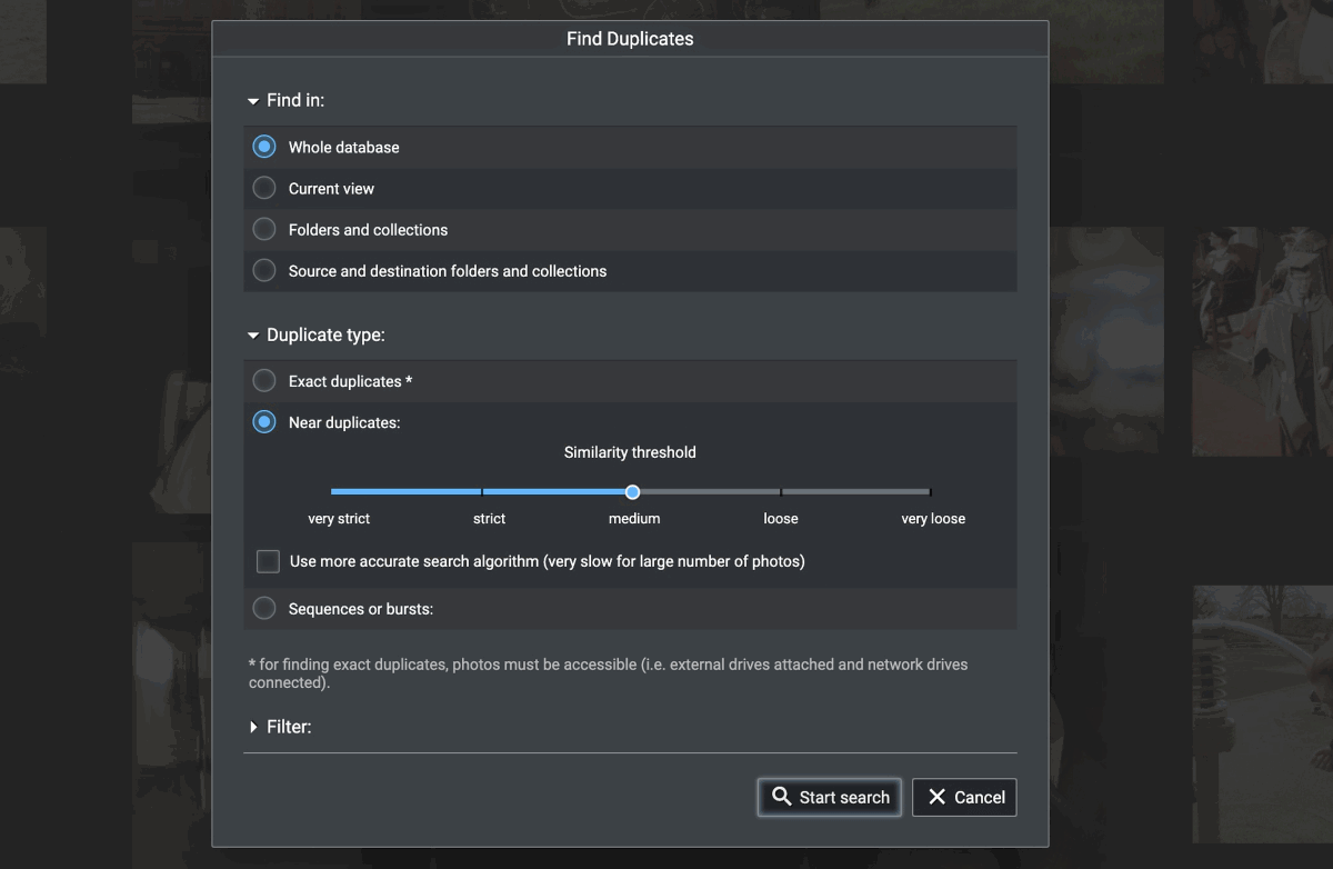 Screenshot of the find duplicates dialog in Excire Foto Review 2024