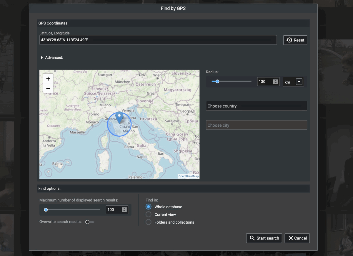 Screenshot of the find by GPS dialog in Excire Foto Review 2024