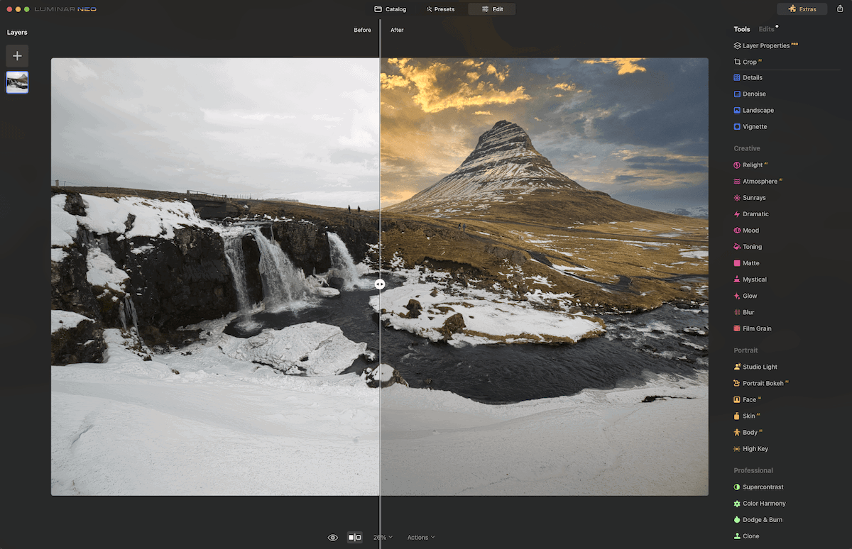 Screenshot of Luminar Neo software interface showing the compare view of a snowy mountain landscape