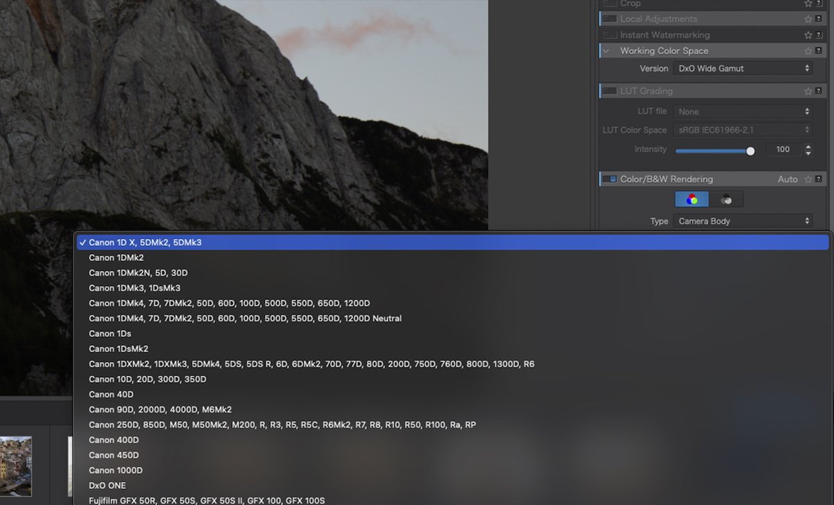 Screenshot of the drop-down menu with DxO PhotoLab 7 camera body renderings