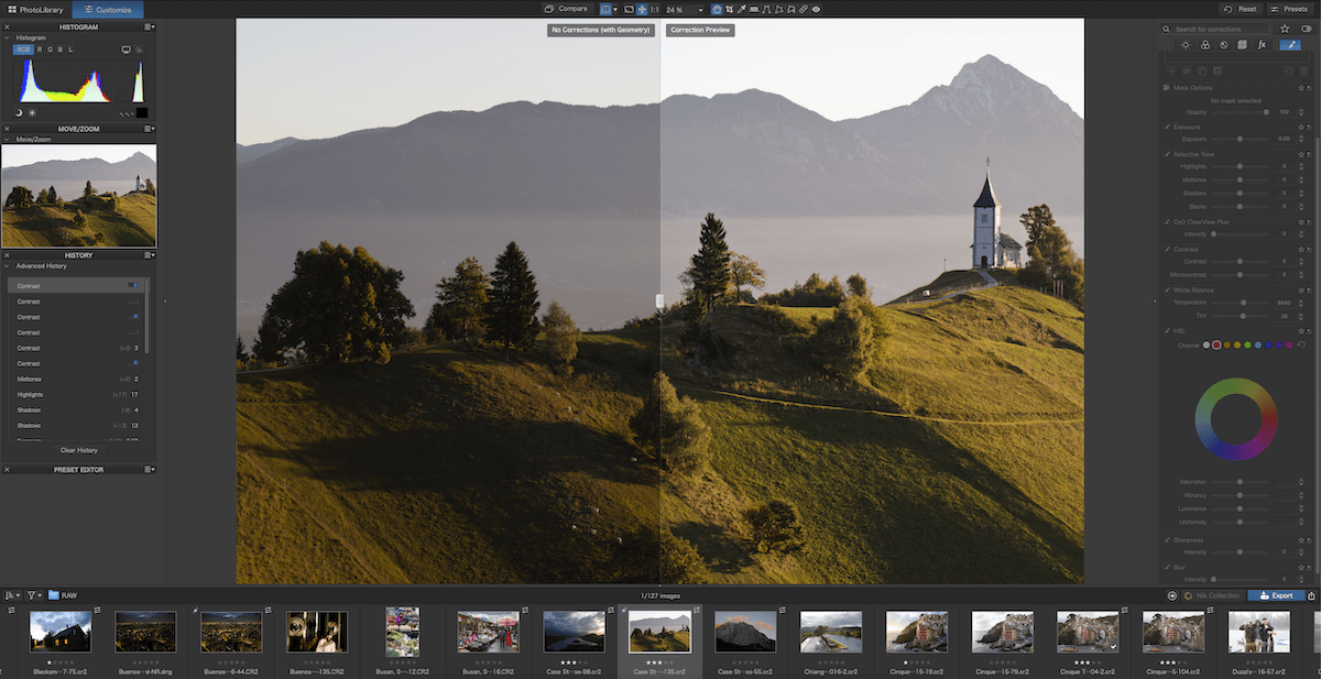 Screenshot of DxO PhotoLab 7 with a landscape image in split preview