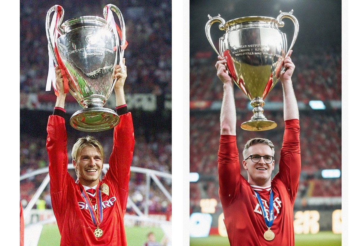 Image of David Beckham lifting a trophy with a PhotoAI image of Josh next to it