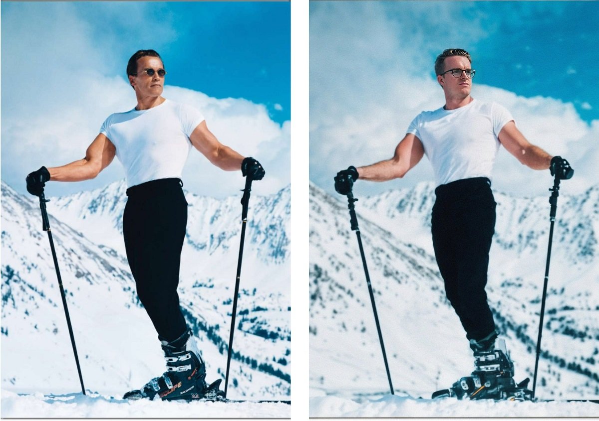Original image of Arnold Schwarzenegger skiing with PhotoAI copycat image next to it