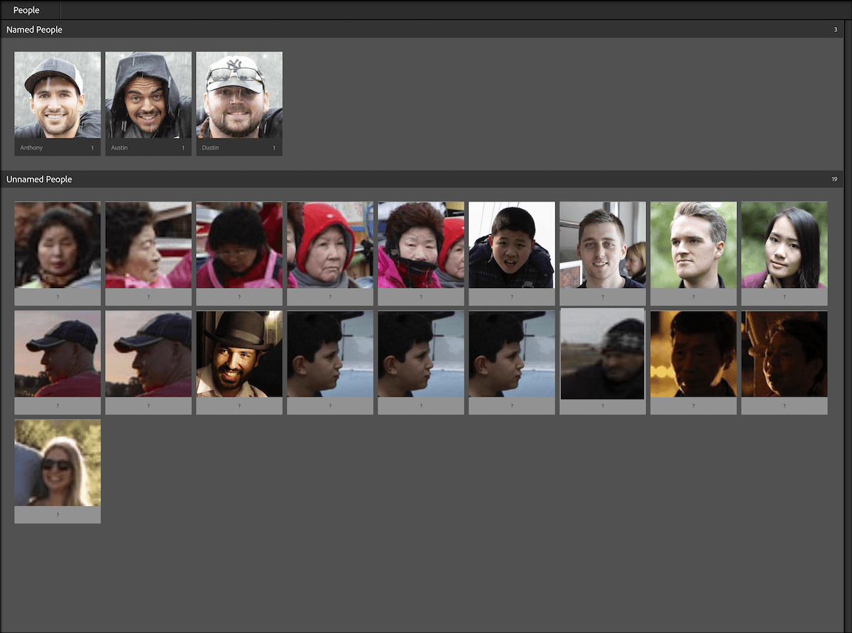 Screenshot of images of people in them sorted by AI in Adobe Lightroom classic