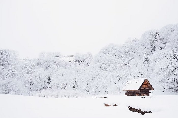 Small wooden house in a wild snowy landscape