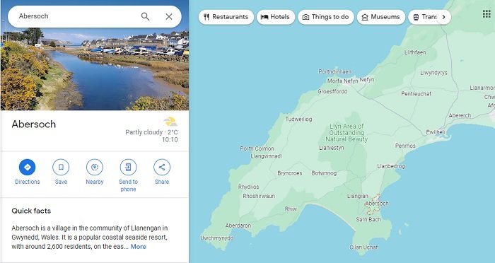Screenshot of google maps search of Abersoch in north Wales