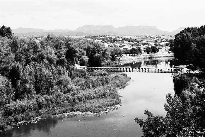 Elevated view of river with trees on either side in black and white